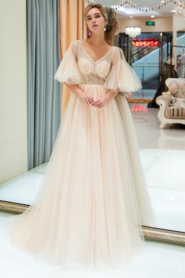 MARIE | A-line V-neck Floor Length Beading Tulle Evening Gowns with Sleeves_6