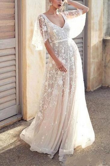Boho A-Line V-Neck Tulle Wedding Dress Lace Appliques Bridal Gowns with Short Sleeves