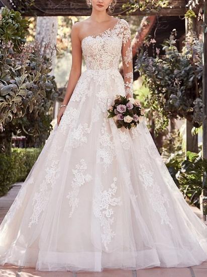 Affordable A-Line Wedding Dress One Shoulder Lace Tulle Long Sleeve Bridal Gowns with Court Train