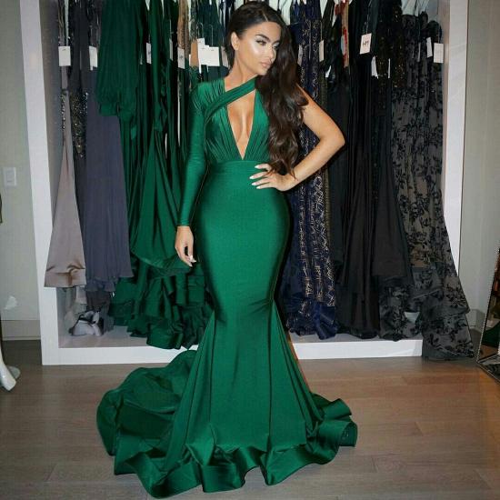 One Sleeve Deep V-neck Sexy Evening Dress | Dark Green Mermaid Prom Dress 2022 with Long Train_3