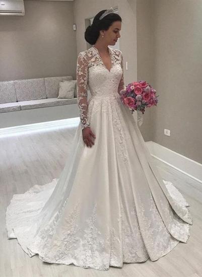 Elegantes Brautkleid mit Blumenspitze, langen Ärmeln und Bodenlinie in A-Linie