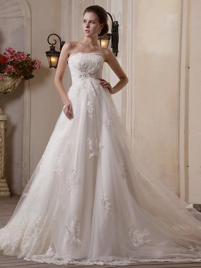 Princess A-Line Strapless Wedding Dress Scalloped-Edge Satin Tulle Sleeveless Bridal Gowns with Chapel Train