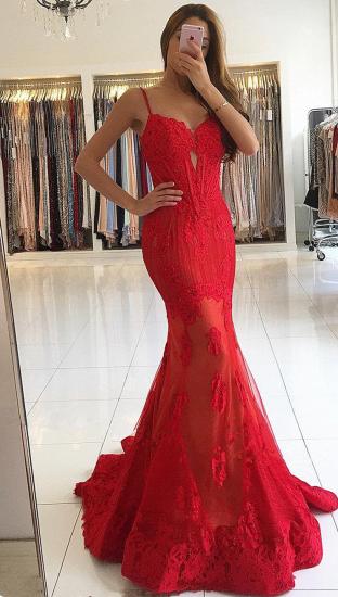 Spaghetti Straps Red Lace Evening Dresses | Mermaid Sexy Prom Dresses_3