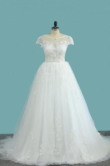 TsClothzone Elegant Jewel Tulle Lace Wedding Dress Short Sleeves Appliques Ruffles Bridal Gowns Online_2