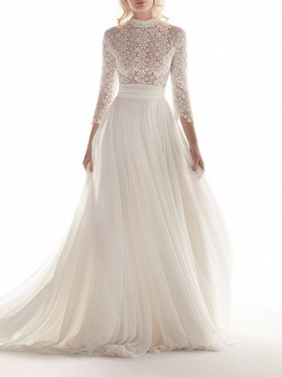 Romantic A-Line Wedding Dress High Neck Chiffon Lace 3/4 Length Sleeves Sexy Bridal Gowns with Sweep Train