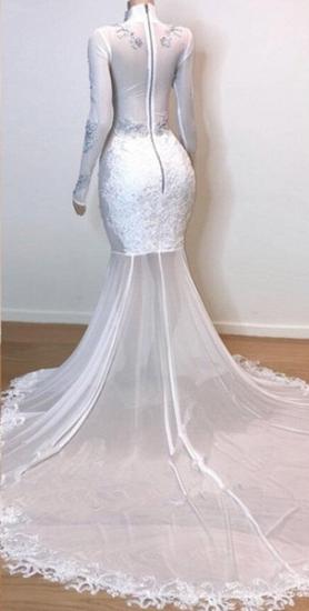 White Stunning Lace Long Sleeves Prom Dresses | Sheer Tulle Slit Mermaid Evening Gowns_3