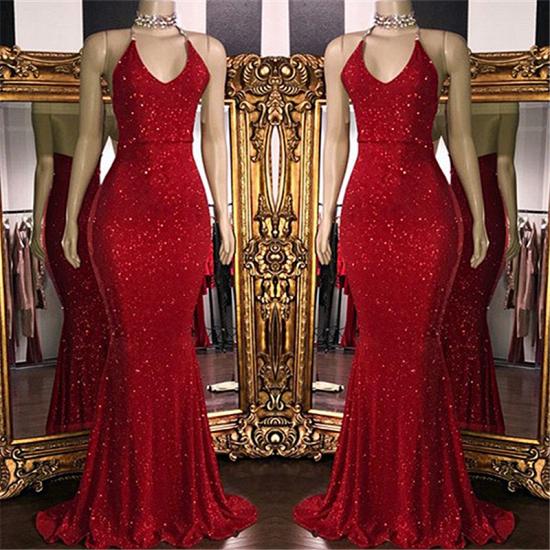 Sparkle Pailletten Sexy Red Prom Kleider Billig | Halfter V-Ausschnitt rückenfreie formelle Abendkleider_2