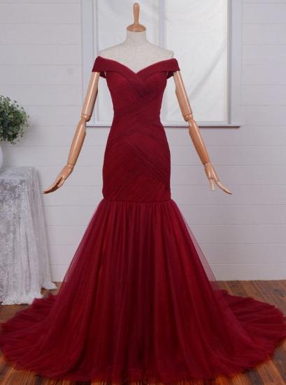 Ruched Mermaid Long Red Formal Evening Gown 2022 Off-the-Shoulder Tulle Prom Dresses_1
