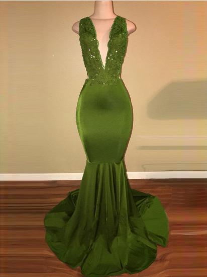 Elegant Mermaid Beaded Lace V-Neck Applique Sleeveless Prom Dresses_1