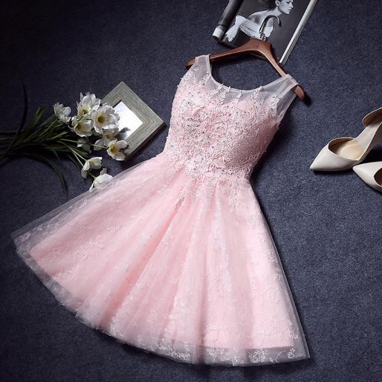 Pink Lace Appliques Sleeveless Homecoming Dresses Short A-line Party Dresses with Beadings_3
