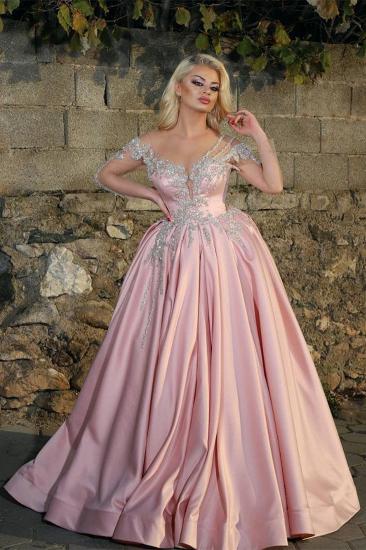 Glamouröse Prinzessin V-Ausschnitt Langarm Prom Kleider Mit Perlen | Günstige rosa Ballkleider
