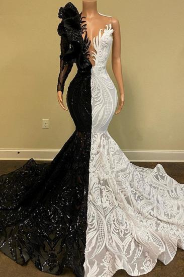 Unique Two Tone V Neck One Shoulder Long Sleeve Mermaid Ball Gown_1