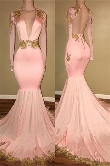 Sexy Deep V-neck Gold Beads Appliques Prom Dress 2022 Mermaid Long Sleeve Backless Evening Gown_2