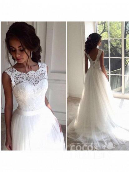 Elegant Jewel Lace TulleWedding Dress Boho Sleeveless Applqiues Bridal Gowns_2