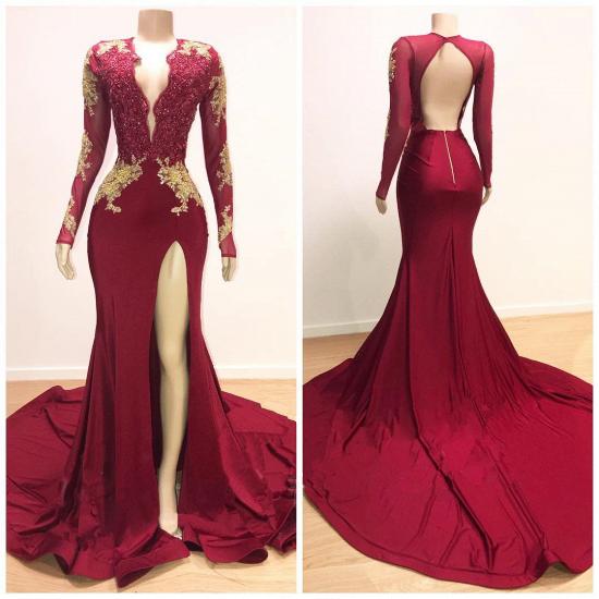 Open Back V-neck Long Sleeve Prom Dresses 2022 | Gold Lace Appliques Sexy Slit Evening Gowns_3