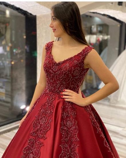 Stylish Burgundy Crew Neck Lace Aline Quinceanera Dress Evening Gown_3