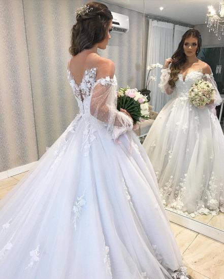 Elegant Off Shoulder Bubble Sleeves  Aline Tulle Lace Wedding Dress for Women_7