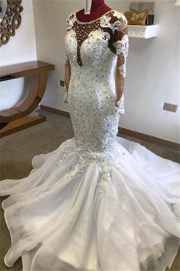 Beading Mermaid Sheer Tulle Wedding Dress| Appliques Long Sleeve Bridal Dress