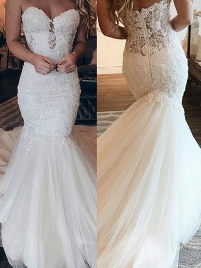 Affordable Strapless Tulle Lace Wedding Dress | Chic Mermaid Sleeveless Long Dress For Wedding_2
