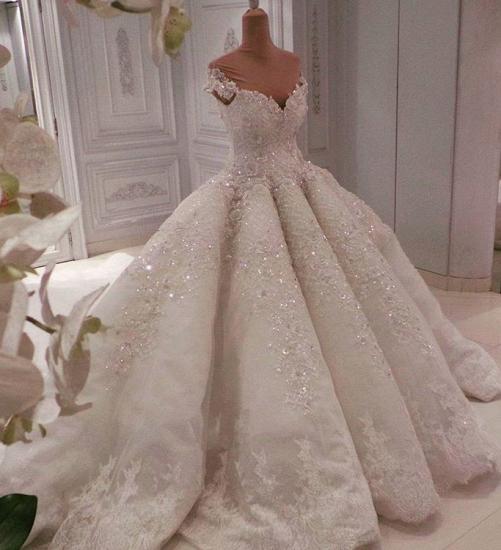 Glmorous Sweetheart Cap Sleeve Perlen Brautkleid | Long Lace Appliques Puffy Bridal Ball Gown_2