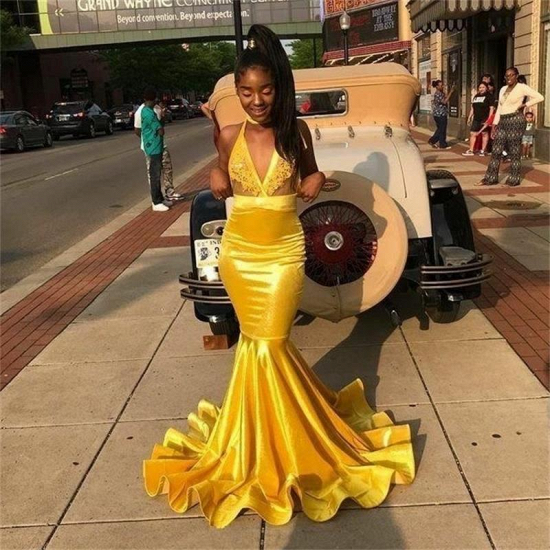 V-neck Halter Appliques Draped Yellow Mermaid Prom Dresses_2