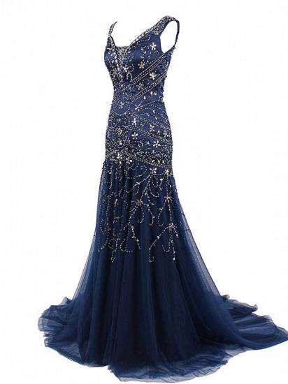 Gorgeous Mermaid Navy Blue Prom Dress Silver Beading Crystals 2022 Evening Gowns_4