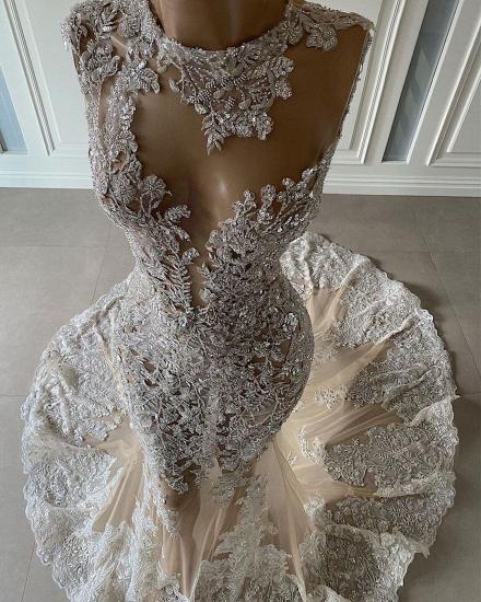 Sequined Floral Lace and Floor Beaded Wedding Dress_2
