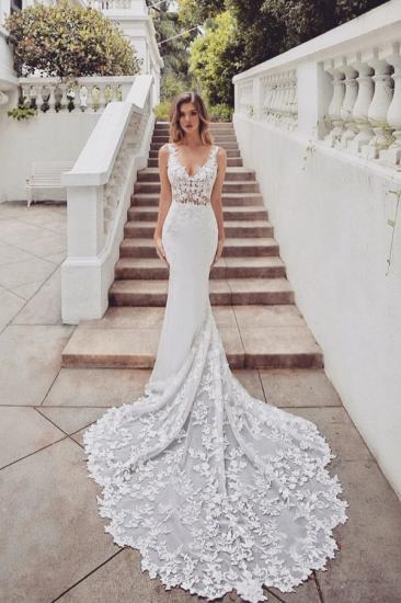 Gorgeous Train Sleeveless V-neck Lace mermaid wedding dresses_1
