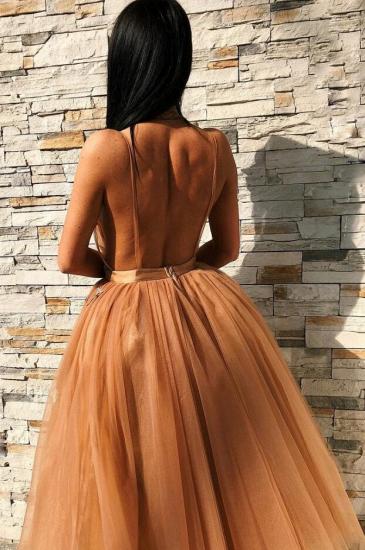 Sexy A-line Tulle Knee Length Prom Dresses With Lace Appliques | Brown Open Back Party Gowns_2