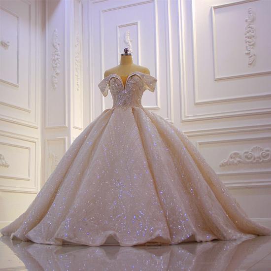 Off the shoulder Champange Puffy ball Gown Sparkle Wedding Dress_5