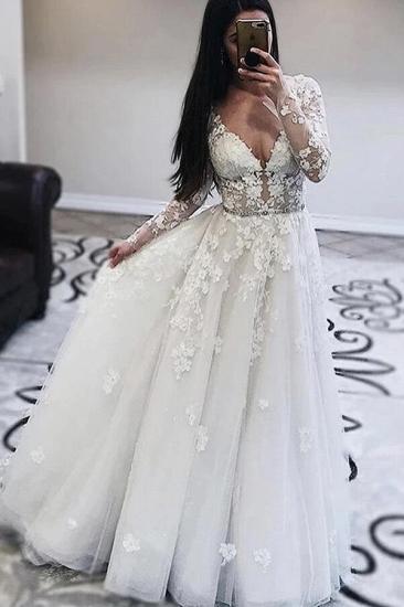 Elegant Tulle Lace Wedding Dress Long  Sleeves Floral  V-Neck Bridal Dress_1