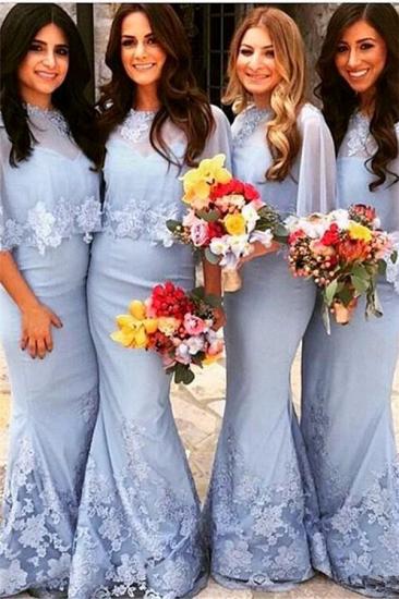 Spezielle Mwemaid Brautjungfernkleider aus Spitze mit Satin-Schalapplikationen, bodenlanges Hochzeitskleid