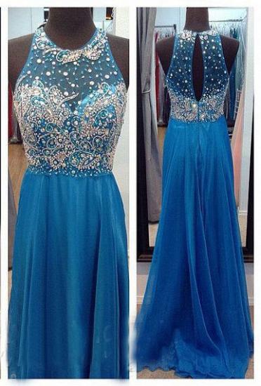 Ocean Blue Halter Sparkly 2022 Chiffon Prom Dresses with Sheer Back Crystal Popular Long Evening Dresses_1