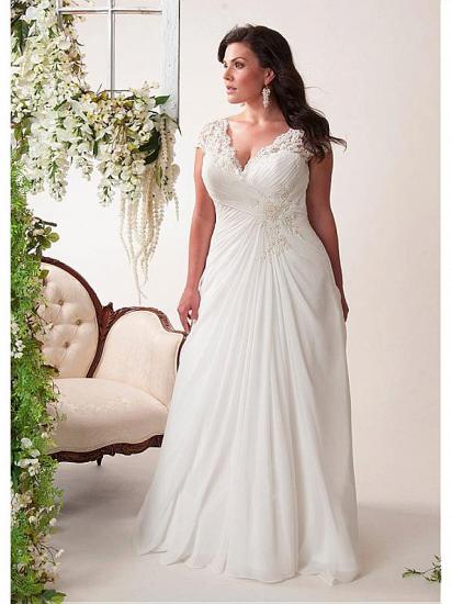 Simple Plus Size Mermaid Wedding Dress V-neck Chiffon Lace Sleeveless Bridal Gowns with Court Train_1