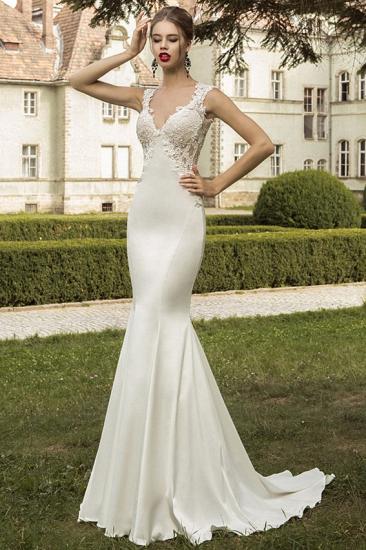 Elegantes Brautkleid mit Satinapplikationen Meerjungfrau-Schleife-Zug-Hochzeitskleid mit durchsichtigem Spitzenzug