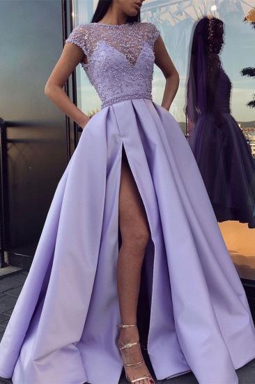 Gorgeous Sleeveless Light Purple Satin Lace Front-Split Prom Dresses With Ruffles