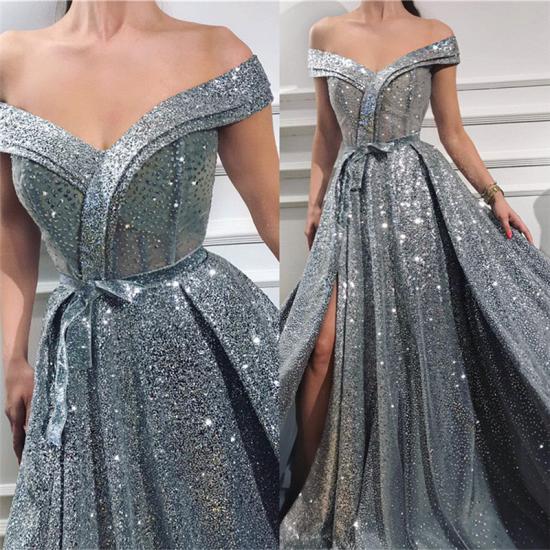 Glittery Off The Shoulder Sequins Front-Split Ruffles Prom Dresses_3