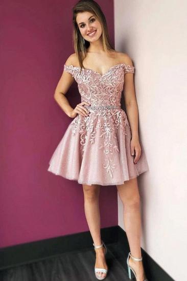 Cute Off Shoulder 3D Floral Lace Tulle Party Dress Midi Homecoming Dress