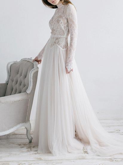 Boho See-Through A-Line Wedding Dress High Neck Tulle Long Sleeve Bridal Gowns Casual Sweep Train
