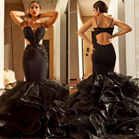 Spaghetti Straps Mermaid Black Prom Dresses | Ruffle Open Back Sexy Evening Dress 2022_3