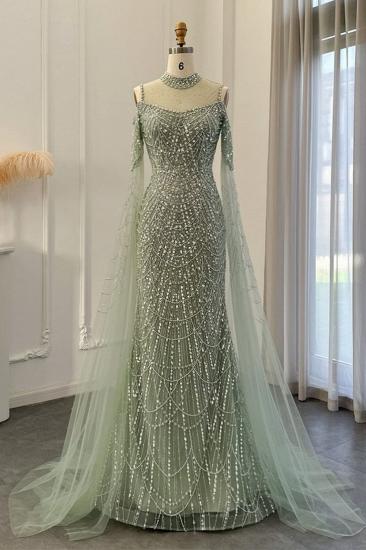 Luxury Shiny Beading Halter Dubai Mermaid Evening Gown Cape Sleeves Floor Length Party Dress_6
