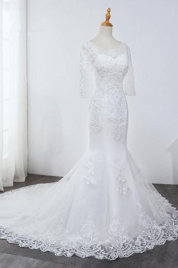 TsClothzone Elegant Jewel 3/4 Sleeves Mermaid White Wedding Dress Tulle Lace Appliques Beadings Bridal Gowns On Sale_5