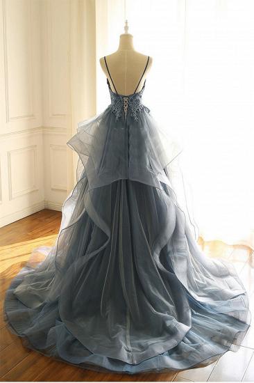 Gray Evening Dresses  Tulle V Neck Ruffles Long Spaghetti Lace Beading Prom Dress_3