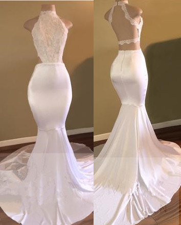 Newest White Mermaid High-Neck Sleeveless Prom Dress
