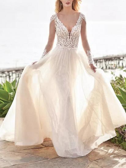 Country Plus Size A-Line Wedding Dress V-neck Tulle Long Sleeve Beach  Bridal Gowns with Sweep Train