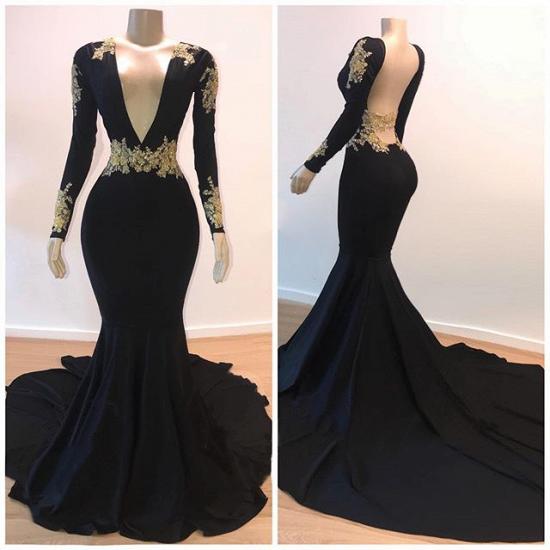 Open Back Gold Lace Black Prom Dresses Cheap | Mermaid Long Sleeve Formal Evening Gowns_2