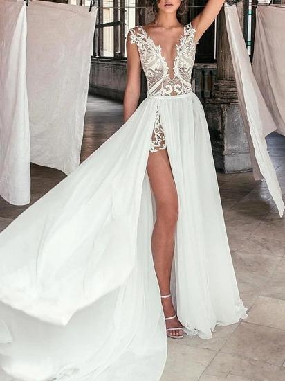Beach  Boho A-Line Wedding Dress Plunging Neck Chiffon Lace Cap Sleeve Sexy See-Through Bridal Gowns with Sweep Train_1