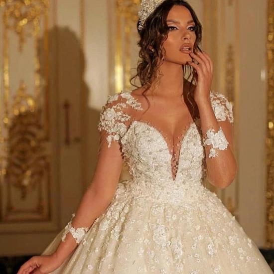 Cap sleeves V-neck Lace appliques Ball gown wedding dress_2
