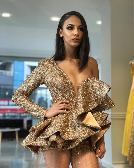 One Sleeve Gold Sequins Prom Dresses Cheap 2022 | Sheer Tulle Appliques Sexy Evening Gowns_3