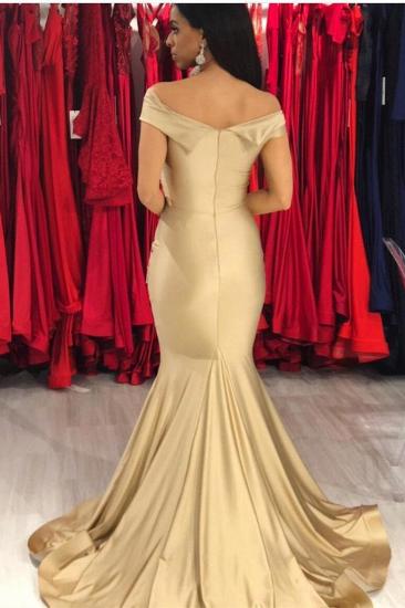 New Off The Shoulder Stretch Satin Plicated V Neck Floor Length Prom Dresses | Mermaid Sleeveless Champagne Evening Gowns_2